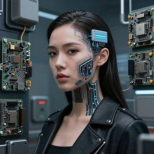 Photorealistic image of an Asian woman with cybernetic circuits on her face, wearing a black leather jacket, surrounded by stacked computer chips in a