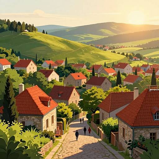 Digital painting of a sunlit, rural village with red-roofed stone houses, green hills, and a cobblestone path leading to distant hills