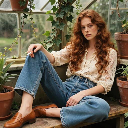Elegant Woman in Rustic Greenhouse