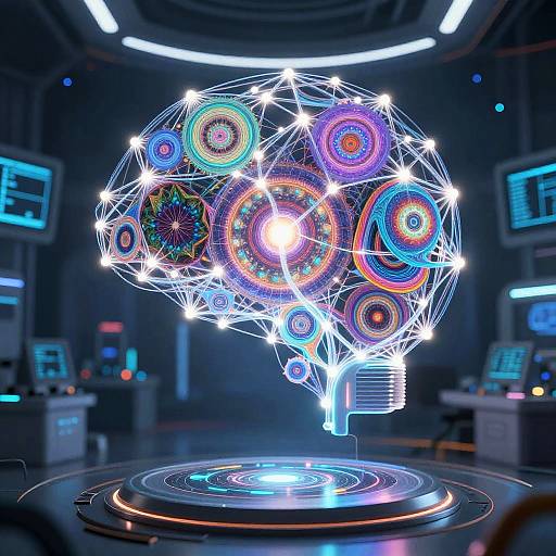Digital CGI image of a glowing, neon-colored brain composed of interconnected gears and circles, floating above a futuristic control room.