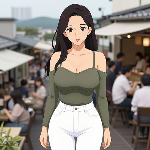 Anime-style digital drawing of a black-haired woman with large breasts, wearing an off-shoulder green top and white pants, in a bustling outdoor cafe