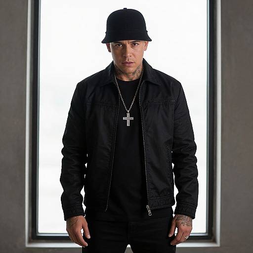 Photograph of a tattooed man with pale skin, wearing a black hat, jacket, and necklace with a cross, standing against a bright white rectangular
