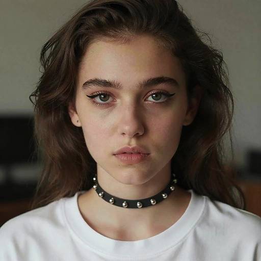 Photograph of a young woman with long, dark brown hair, fair skin, and blue eyes, wearing a white shirt and black choker with silver