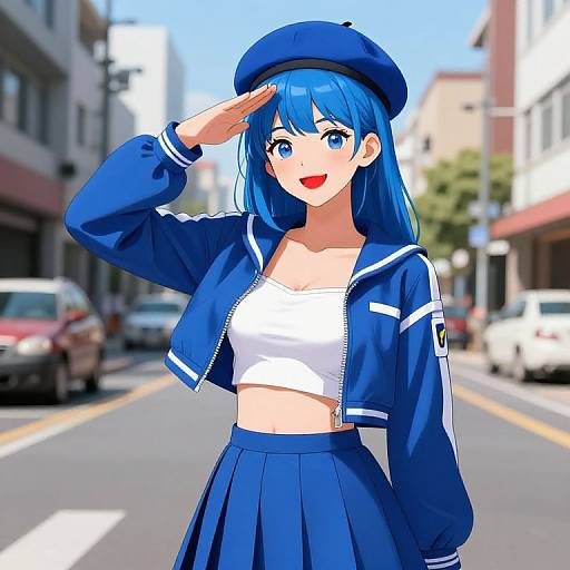 Anime-style digital artwork of a blue-haired girl in a blue beret, jacket, and skirt, saluting on a sunny urban street.