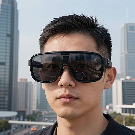 Photograph of an Asian man with short black hair, wearing large black sunglasses, black shirt, against a city skyline background.
