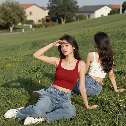 Two Women Sitting on Grass on Sunny Day