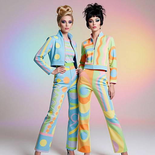Photograph of two women in colorful, 1970s-style, polka-dot jumpsuits; one blonde with an updo, the other with