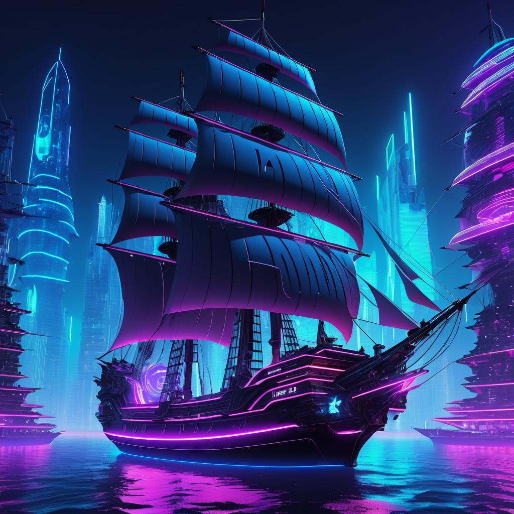 Futuristic Pirate Ship in Neon City