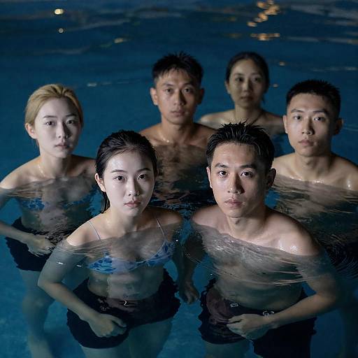 Nighttime Pool Portrait with Mixed Expressions