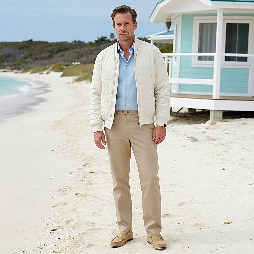 Photograph of a handsome middle-aged man with short brown hair, wearing a white jacket, light blue shirt, beige pants, and tan shoes, standing