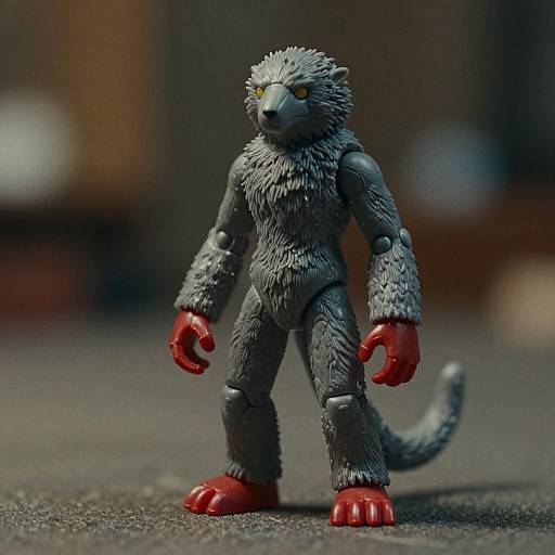 Photograph of a detailed gray, fur-covered, robotic monkey figure with red claws and feet, standing on a textured surface. Yellow eyes add a menacing