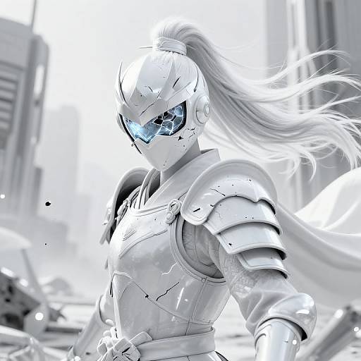 Digital art of a futuristic, white armored warrior with glowing blue eyes, long flowing hair, and cracks in the armor, set against a cityscape background