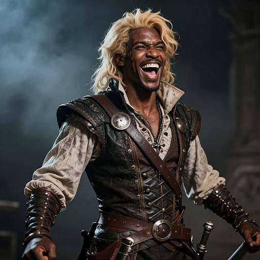 Photograph of a muscular, dark-skinned man with wild blonde hair, laughing loudly, wearing a black leather vest over a white shirt, with a