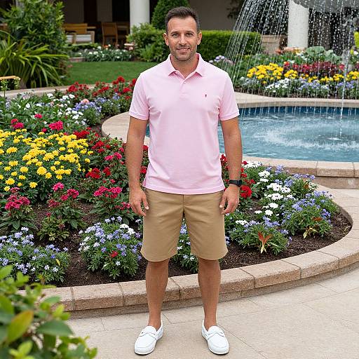 Photograph of a smiling man with short dark hair, light pink polo, beige shorts, white sneakers, standing in a vibrant garden with colorful flowers and
