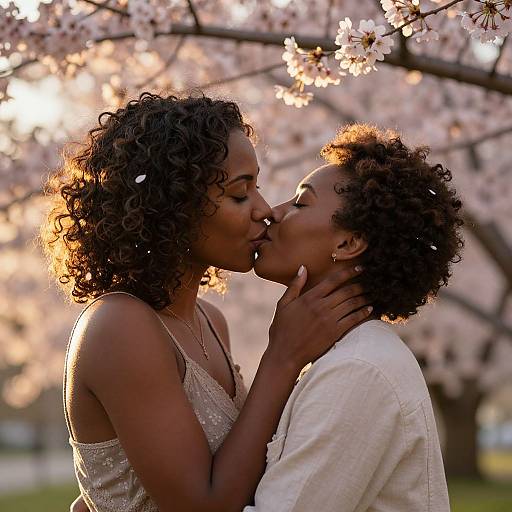 Photograph of a Black couple kissing under blooming cherry blossoms, the woman in a sparkly dress, the man in a white shirt, sunlight
