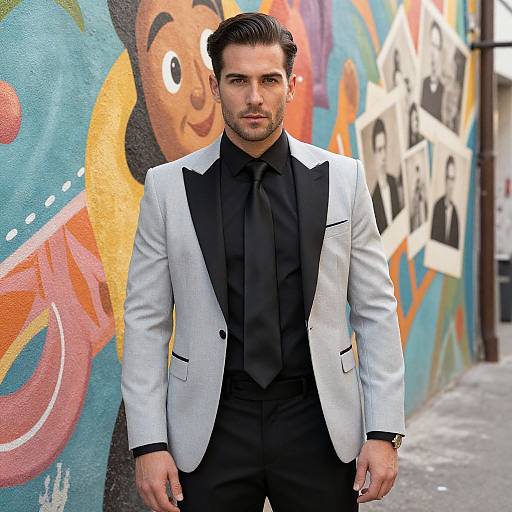 Photograph of a handsome man with short dark hair, wearing a white and black tuxedo with black shirt and tie, standing in front of colorful