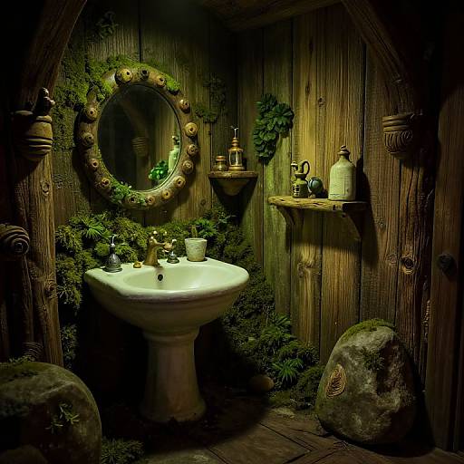 Photograph of a rustic wooden bathroom with a moss-covered round mirror, white porcelain sink, wooden shelves, and dim, warm lighting.