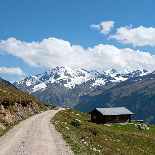 Photograph of a mountainous landscape with a winding gravel road, a small wooden cabin, and snow-capped peaks under a bright blue sky with scattered
