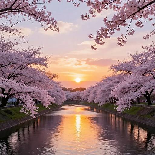 Photograph of a serene river lined with blooming cherry blossom trees, reflecting a vibrant orange and pink sunset sky.