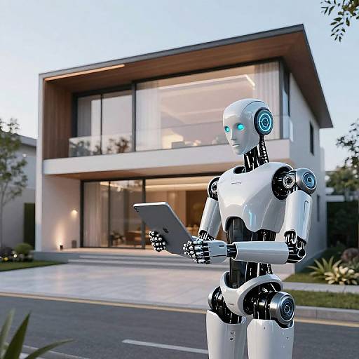 Photograph of a white humanoid robot with blue glowing eyes holding a tablet in front of a modern, two-story glass house.