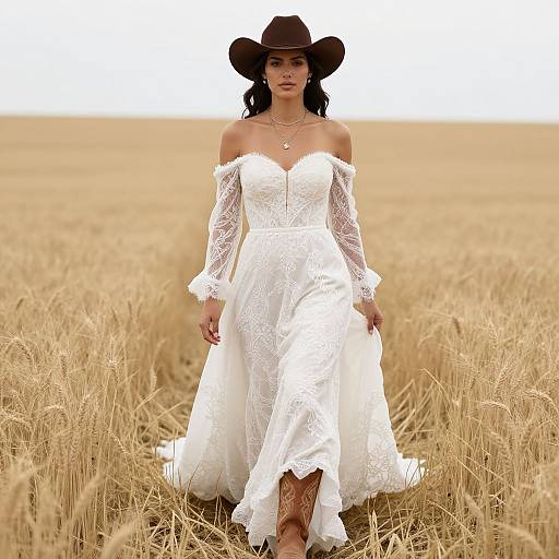 Photograph of a woman in a white lace off-shoulder wedding dress, brown cowboy hat, and brown boots, walking through a golden wheat field