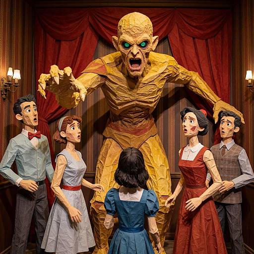 Photorealistic CGI: Frightened 1930s-style puppets face monstrous, yellow-skinned creature with glowing blue eyes, in ornate