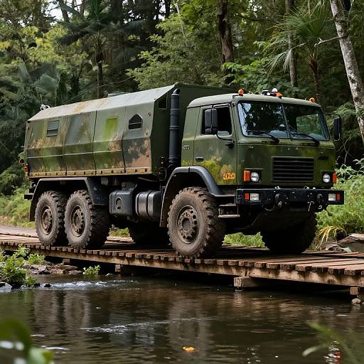 Photograph of a green, camouflage-patterned military-style garbage truck with six large black tires, crossing a wooden bridge over a reflective, forested river