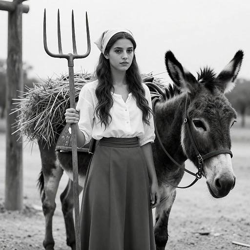 Rural Elegance: Woman and Donkey Scene