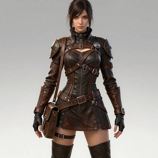CGI image of a fierce, dark-haired woman in black leather armor with brown straps, fingerless gloves, and thigh-high boots, standing against a