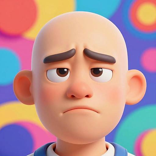 CGI cartoon of a bald, sad-faced boy with thick black eyebrows and a blue shirt, set against a colorful, abstract background.