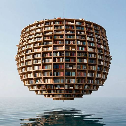 Photograph of a spherical wooden bookshelf structure floating above calm water, with a clear blue sky background. The bookshelf is densely packed with various colored