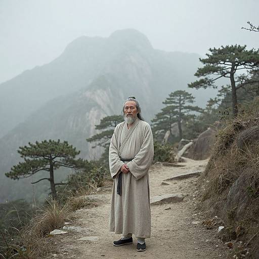 Photograph of an elderly, bearded man with gray hair, wearing a beige robe and black shoes, standing on a mountain trail with misty,