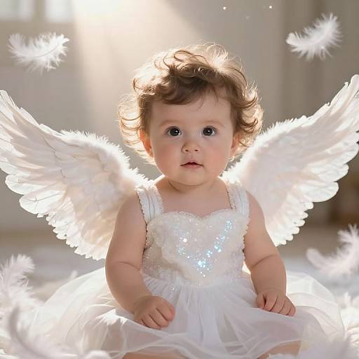 Photograph of a baby with curly brown hair, wearing a white, sequined angel dress with feathered wings, surrounded by glowing white feathers.