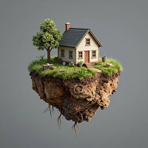 Photorealistic CGI of a small, white, cottage with a gray roof, surrounded by grass and a tree, floating on a rocky, root-covered