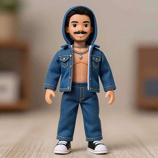 Photograph of a male LEGO minifigure with tan skin, black mustache, and brown hair, wearing an open blue denim jacket, matching pants