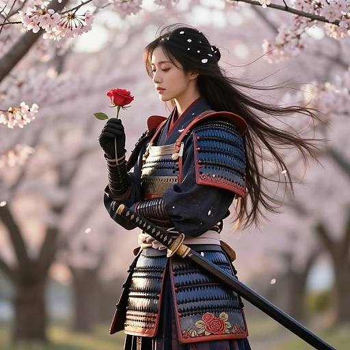 Photograph of a Japanese female samurai with long black hair, wearing traditional armor, holding a red rose, in a cherry blossom garden.