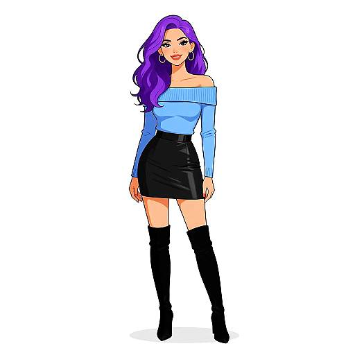 Digital illustration of a stylish woman with long purple hair, wearing a light blue off-shoulder sweater, black skirt, and black thigh-high boots,