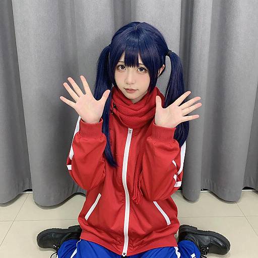 Playful Woman with Blue Twin Pigtails