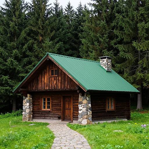 Photograph of a rustic wooden cabin with green metal roof, stone accents, and stone chimney, surrounded by lush green grass and dense evergreen forest.
