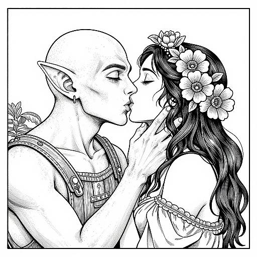 Ink drawing of an elf with pointed ears kissing a flower-crowned woman with long hair; both wear sleeveless dresses, intimate and tender.
