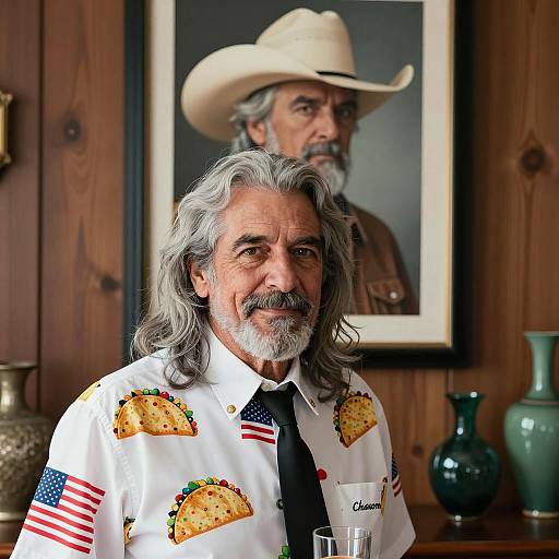 Elderly man with taco-themed shirt and portrait in background