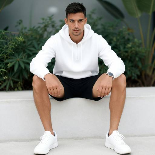 Photograph of a fit, dark-haired man in a white hoodie, black shorts, and white sneakers, sitting on a white bench with green foliage in