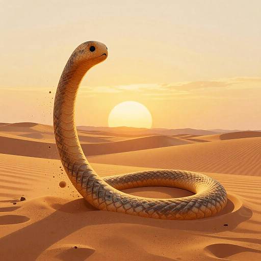 Photorealistic CGI of a large, coiled snake with textured scales in an orange desert at sunset, with the sun glowing in the background.