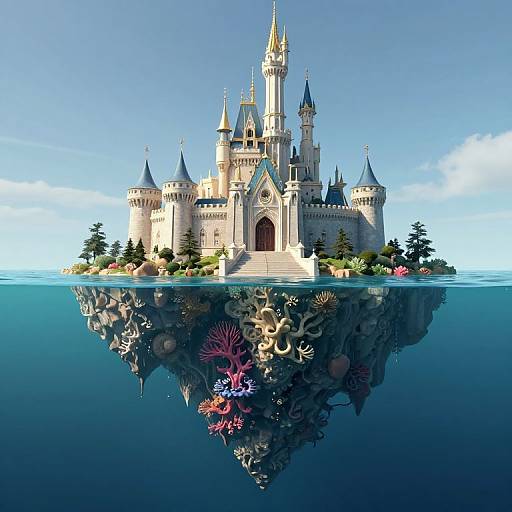 Digital artwork of a whimsical, fairy-tale castle with blue and gold turrets, reflected underwater amidst vibrant coral and ocean plants.