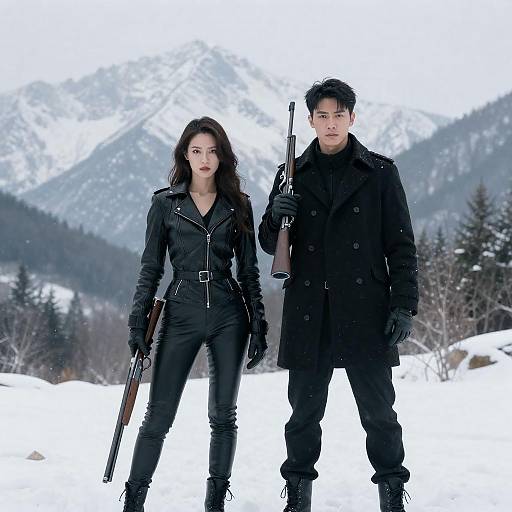 Man and Woman in Black Outfits with Rifles in Snowy Mountains