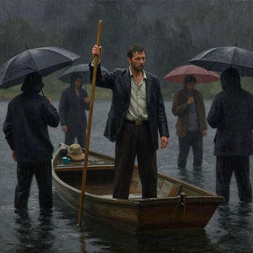 Photograph of a bearded man in a wet suit standing in a wooden boat, holding a pole, surrounded by five people with umbrellas in a