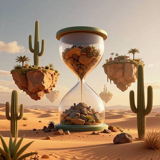 Digital artwork: Hourglass with floating desert islands, cacti, and rocks in a sunlit, sandy desert landscape, with a clear sky and