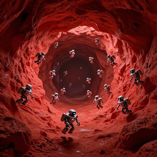 Swarm of Tiny Robots in Red Cave Tunnel
