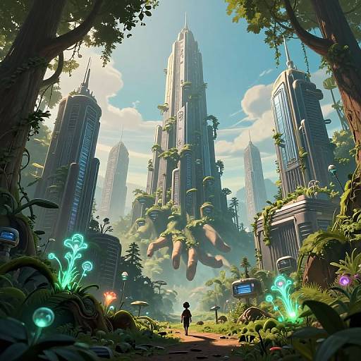 Digital art of a futuristic forest with towering, bioluminescent skyscrapers; a lone figure stands on a path, surrounded by glowing plants and