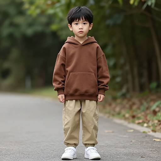 Photograph of an Asian boy with black hair, wearing a brown hoodie, beige pants, and white sneakers, standing on a leafy suburban road.
